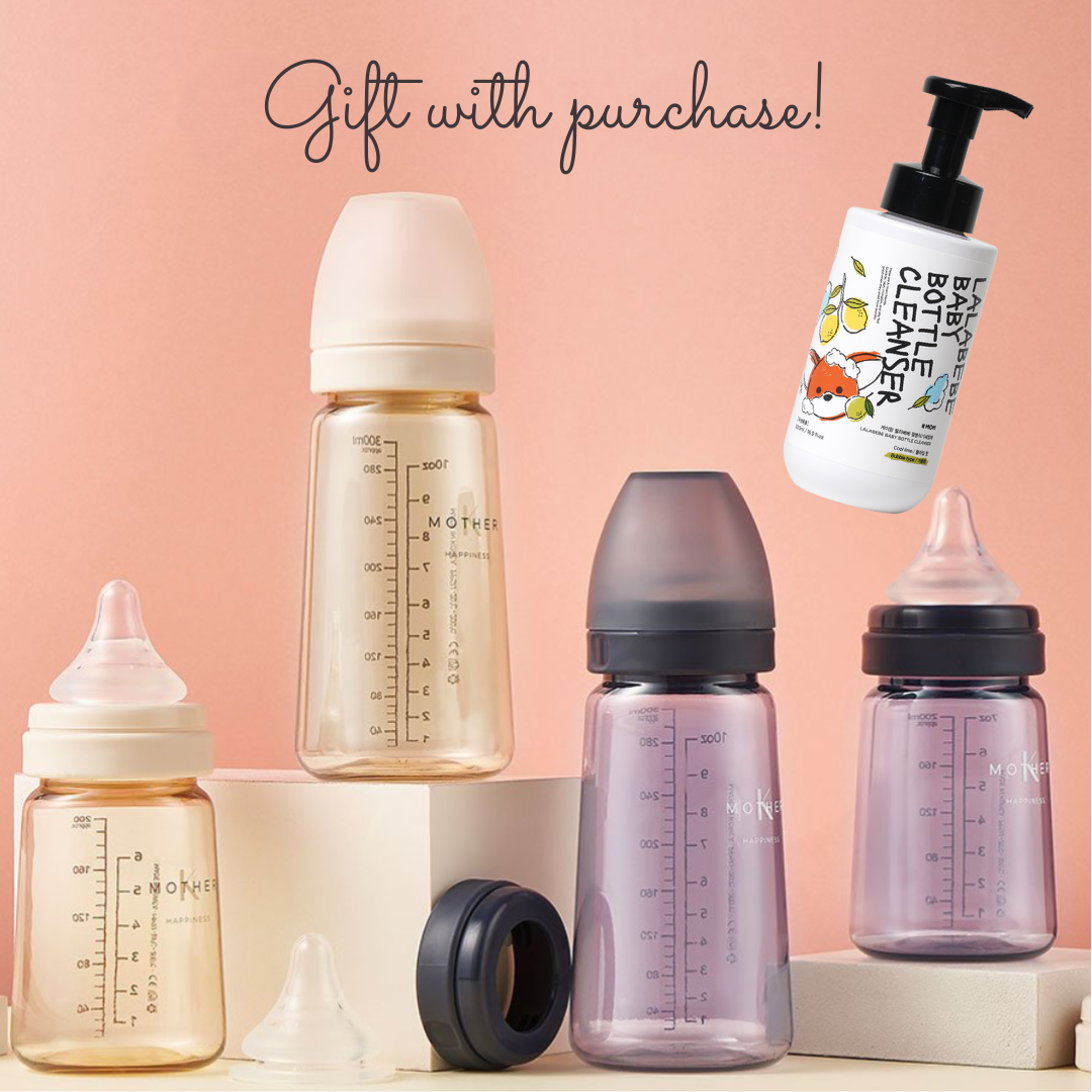 Mother-K PPSU Bottle "BASIC" with Nipples + BONUS Lalabebe Feeding Bottle, Fruit, and Vegetable Foam Wash